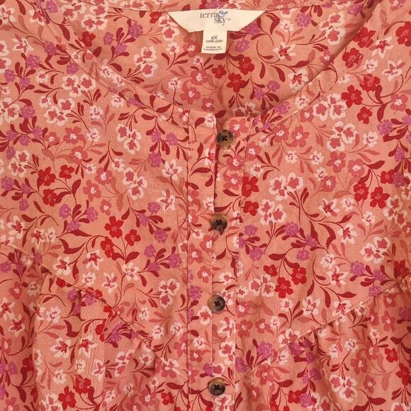 Terra & Sky Button Front Dress 100% Cotton Pockets Magic Garden/Soft Mimosa 2X - Picture 5 of 12